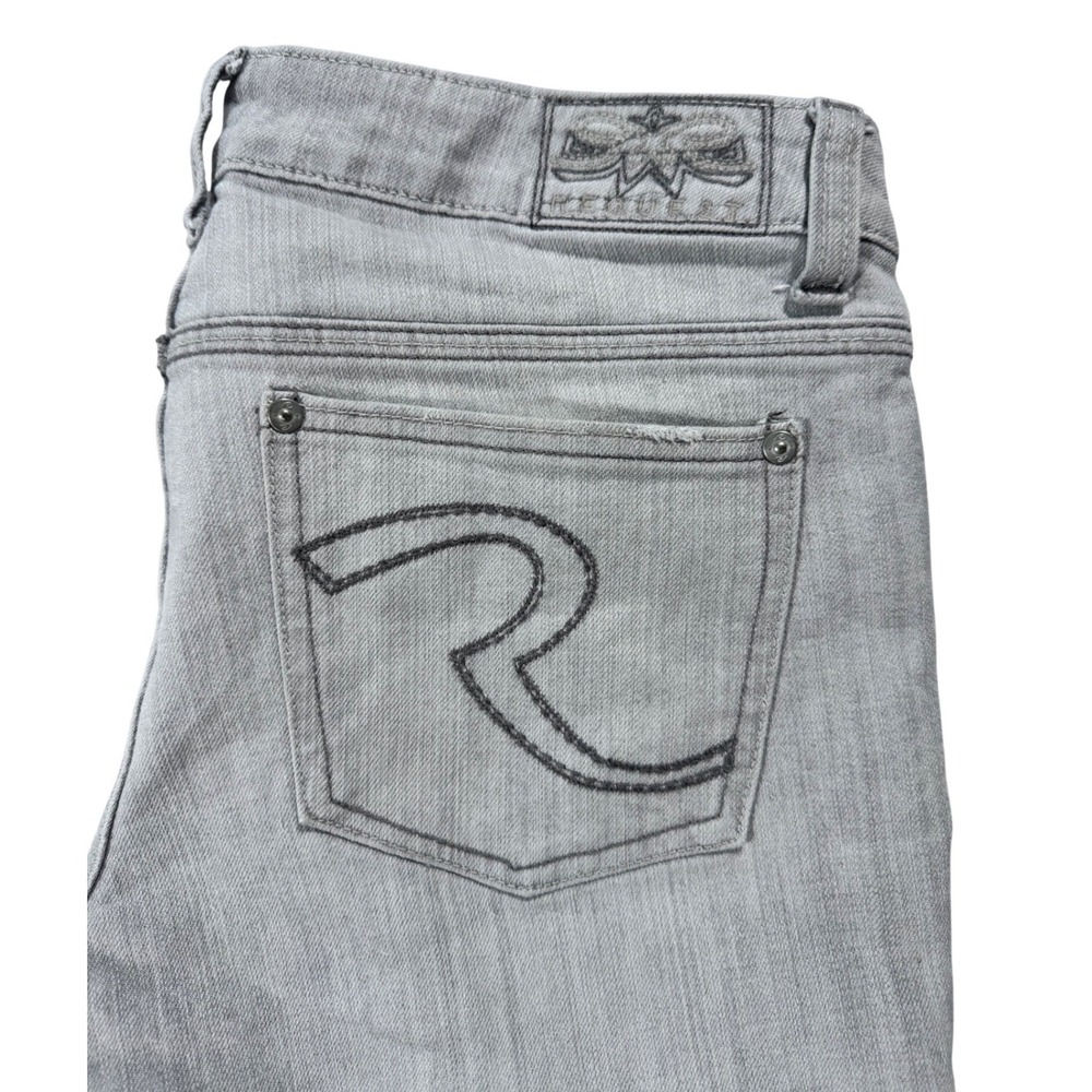 Request Jeans Gray Flare Denim Pants Size 30 Low Rise Embroidered Pockets Y2K